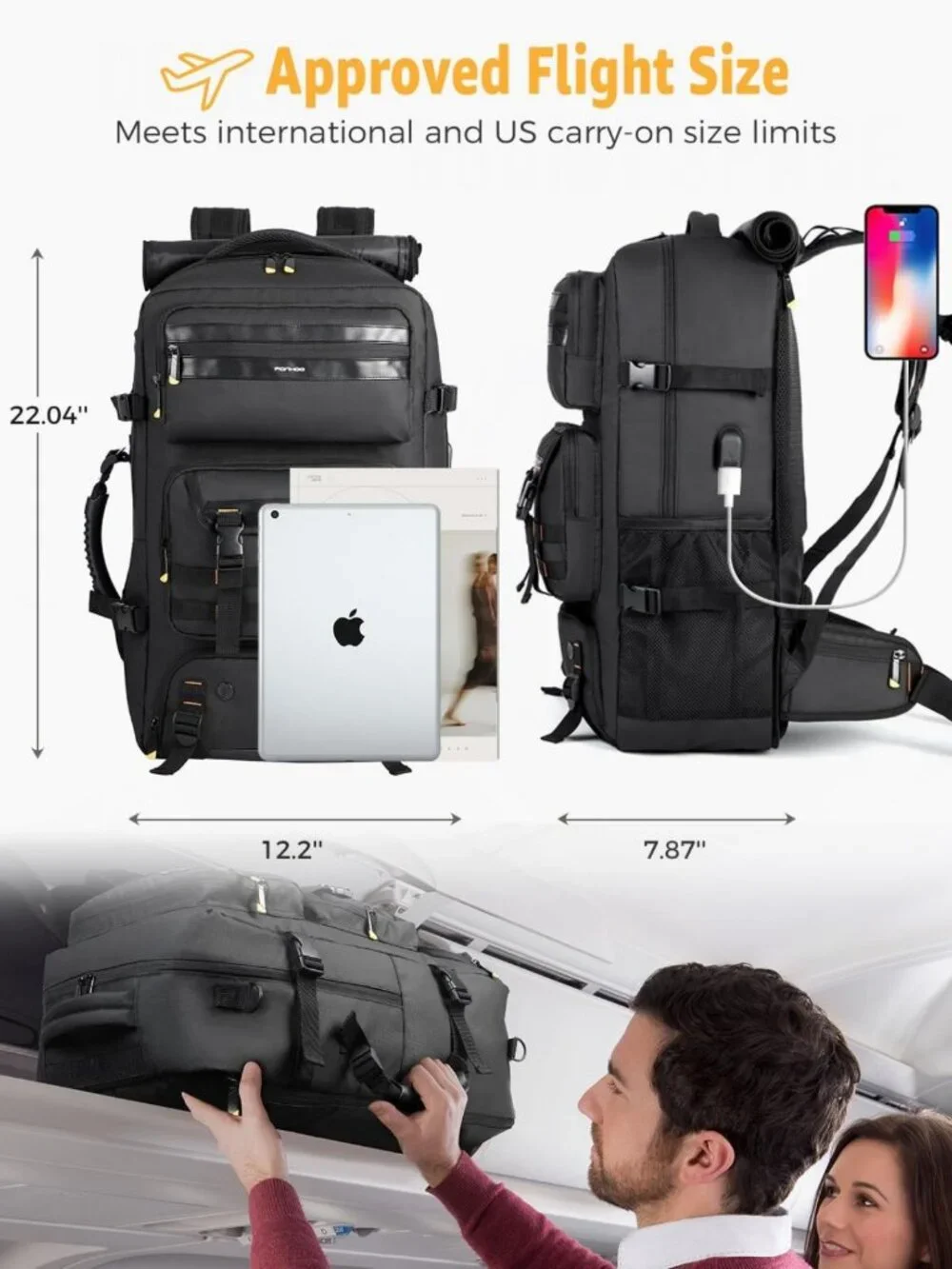 50L Travel Backpack & Duffle Bag - Flight Approved, Laptop Compartment, USB Port